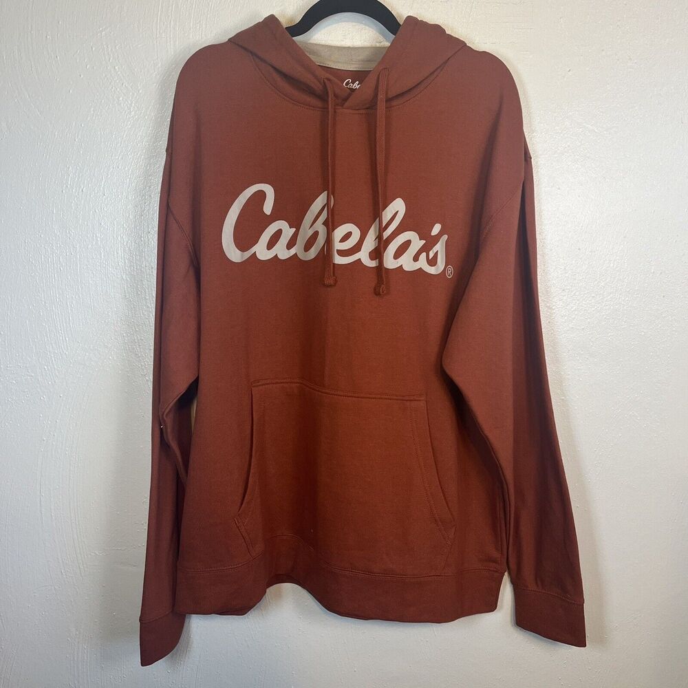Cabelas Hoodie Mens XL Orange Sweatshirt Spellout Hunting Fishing Sweater